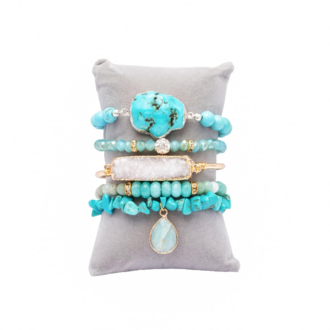NUZUJX 5PCS Natural Boho Beaded Bracelets Bangle for Women Men,Healing Turquoise Crystal Gemstone Stone Chakra Multilayer Wrap Bohemian Handmade Jewelry Beads Stretch Bracelet Set