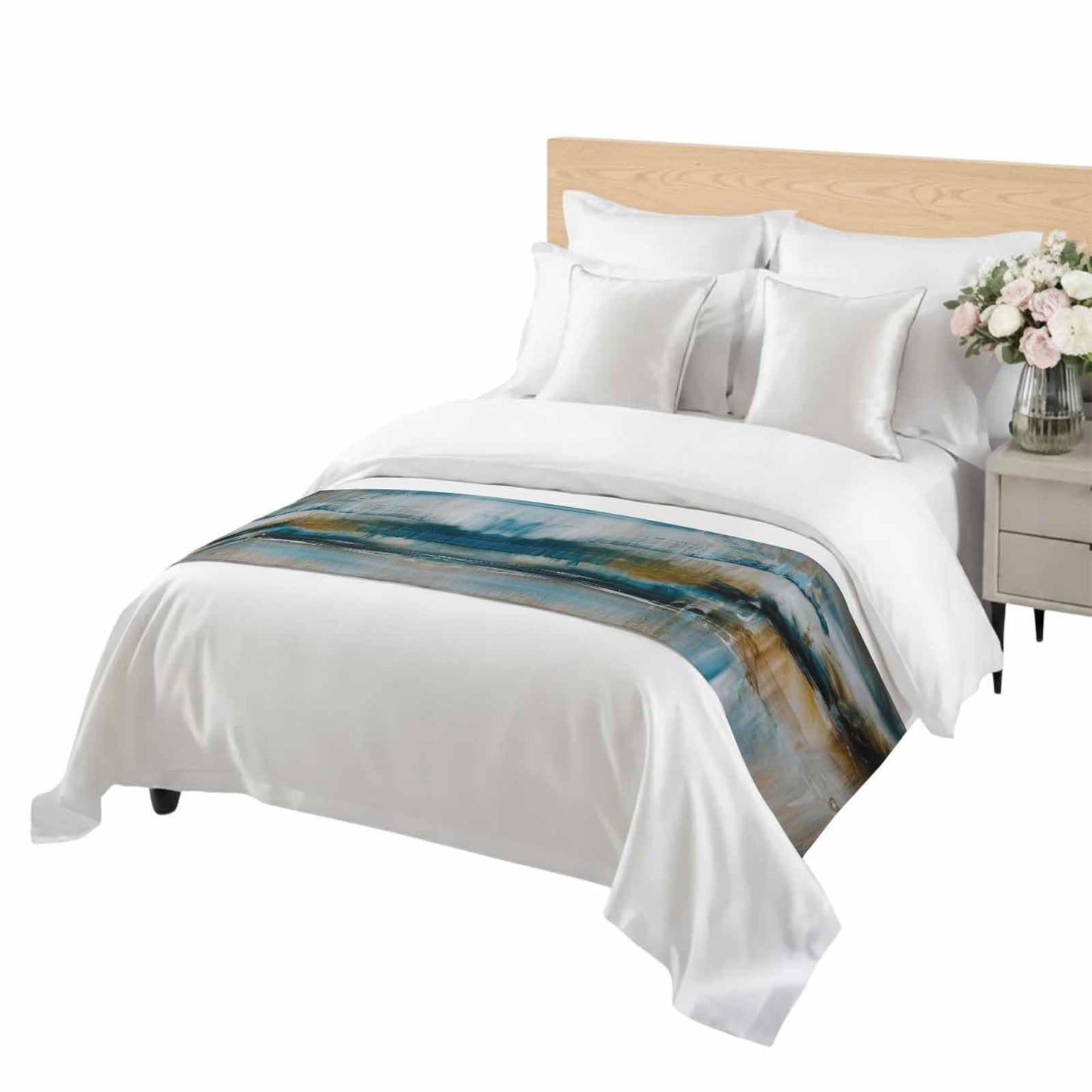 ZFUNCING Abstract Mottled Turquoise Green Gray Art Bed Runners for Bedroom Hotel,Decorative Bedding Scarf Retro Painting Bed End Blanket Bedding Runner Scarves for Queen Size Bed,94x20in