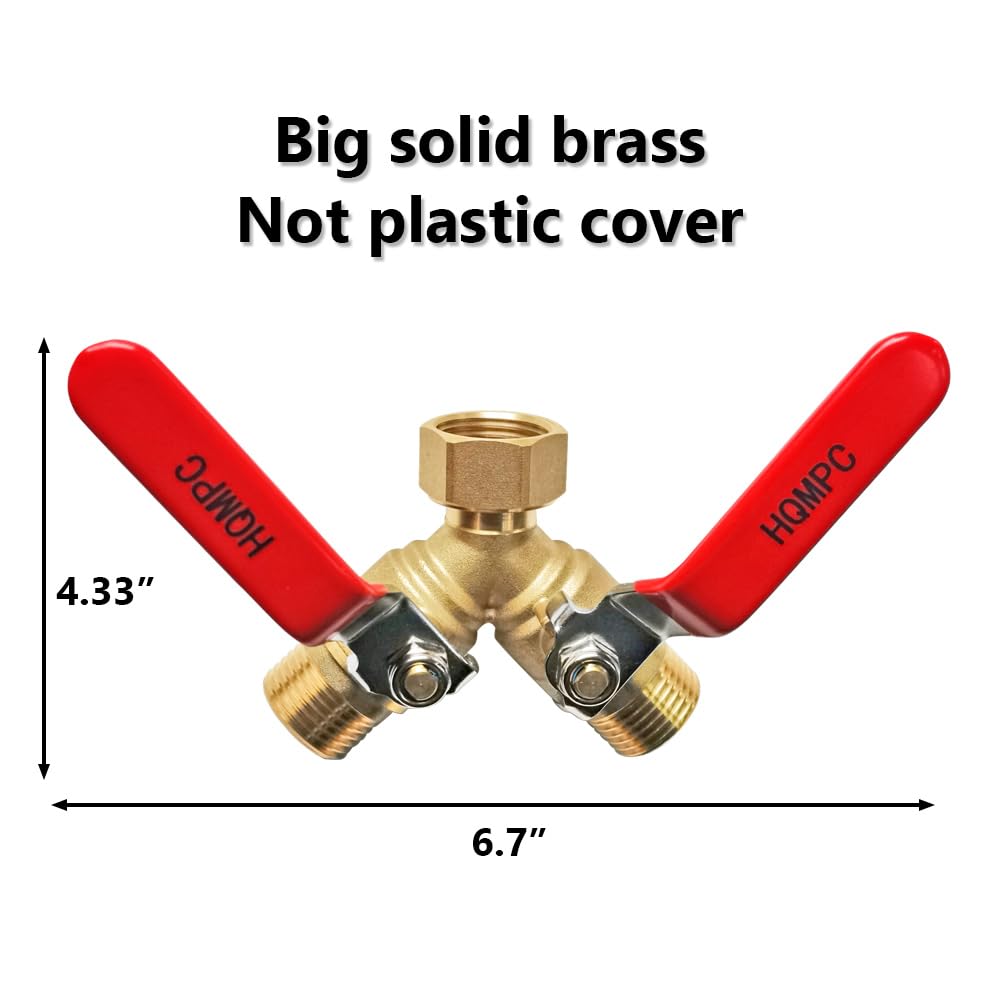 HQMPC Garden Hose Y Valve Splitter With Stainless Steel Long Handle - Brass 2 Way Water Adapter, 3/4" GHT Thread