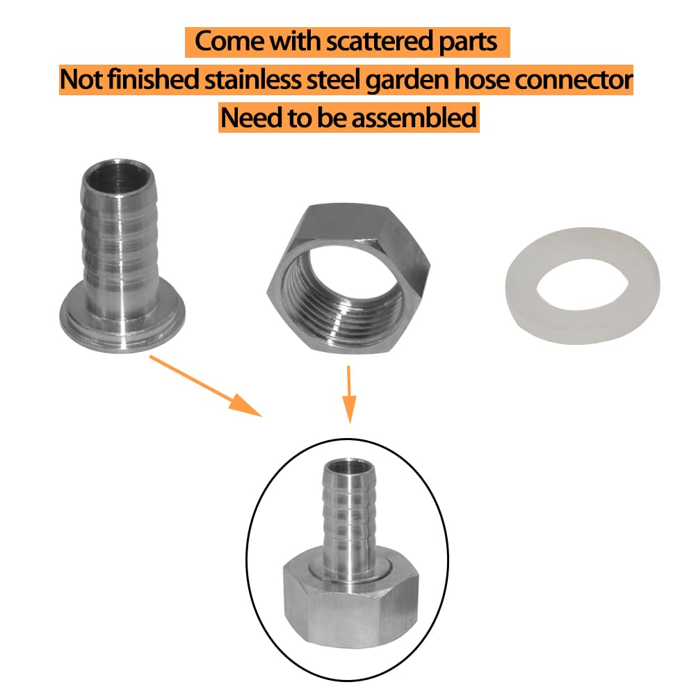 Fitvell Stainless 3/8" Hose Barb x 3/4" Female GHT Garden Hose Threaded Swivel Connector Repair Fitting for Water Boat Lawn Power Wash Irrigation