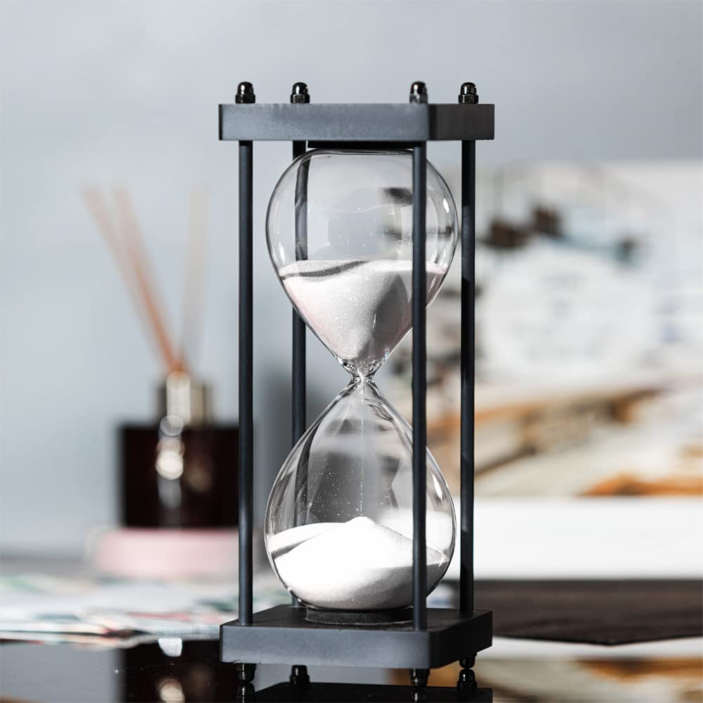 Large Hourglass Timer 60 Minute, Decorative Black Frame Sandglass with White Sand
