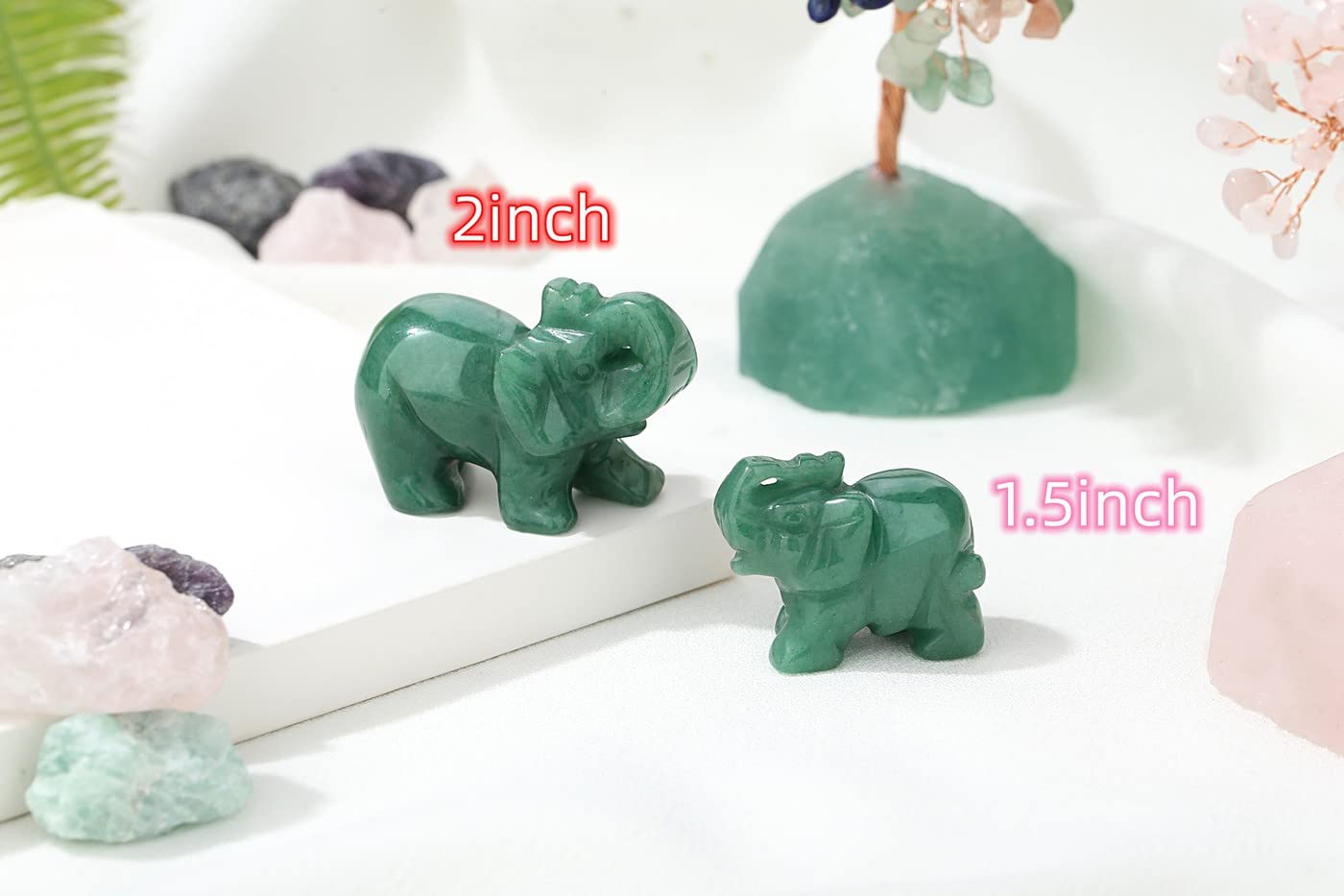 2" Green Aventurine Elephant Decor Healing Crystal Cute Polished Natural Stone Hand-Carved Sculpture Statue Figurines Gemstone Energy Hippie Home Room Office Desk Decoration Gifts for Women Men