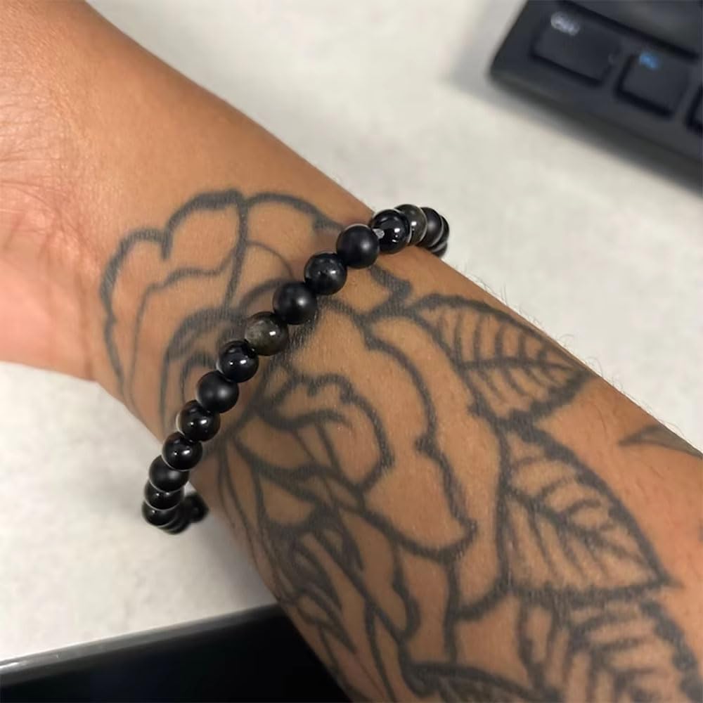 Crgwxzl Natural Stone Triple Protection Beaded Bracelet for Men Women Adjustable Black Tourmaline, Black Onyx and Hematite Handmade Lucky Bracelet Feng Shui Jewelry Gift