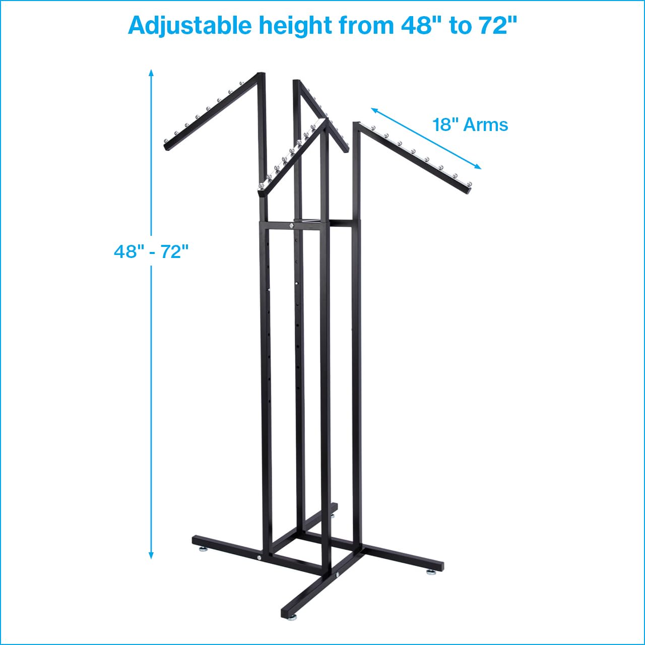 SSWBasics Black 4 Way Adjustable Clothing Rack with Slanted Arms - Retail Clothing Rack Display - Adjustable Height Arms from 48" to 72" Perfect for Clothing Stores