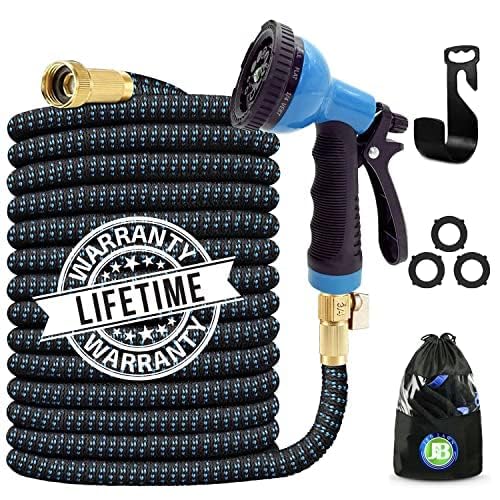 J&B XpandaHose 100ft Expandable Garden Hose – Ultra-Strong 3750D, 4-Layer Latex Core, Brass 3/4" Connectors, 10-Pattern Nozzle & Storage Bag – Lightweight, Kink-Reducing, Leak-Resistant