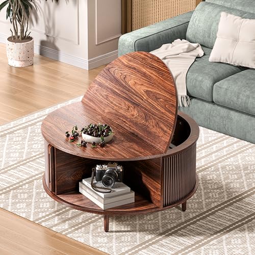 Round Coffee Table, 31.5" Fluted Center Table with Storage, Lift-Top Coffee Table with Adjustable Footpads, Sliding Door, Mid-Century Modern Center Table for Living Room, Small Space (Warm Walnut)