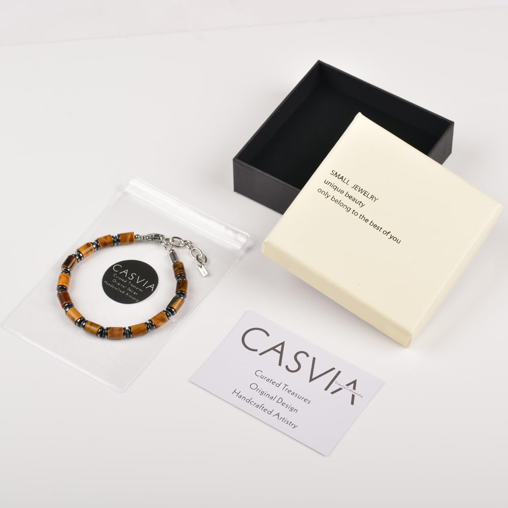 Casvia Men's Tiger's Eye & Hematite Beaded Bracelet, Handmade Adjustable Stainless Steel Chain, Chakra Jewelry Gift for Dad, Husband, Boyfriend