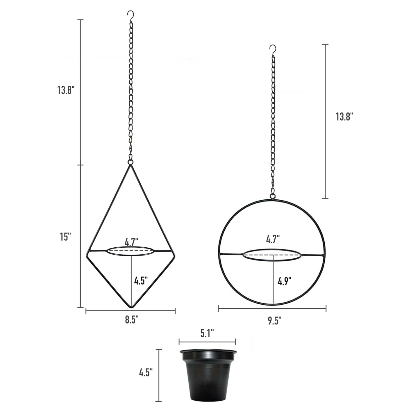 Modern Metal Hanging Planters Set of 2 - Round and Diamond Geometric Plant Hangers with 5 Inch Pots - Black Wall and Ceiling Mount Flower Holders for Indoor Houseplants, Boho Home Décor
