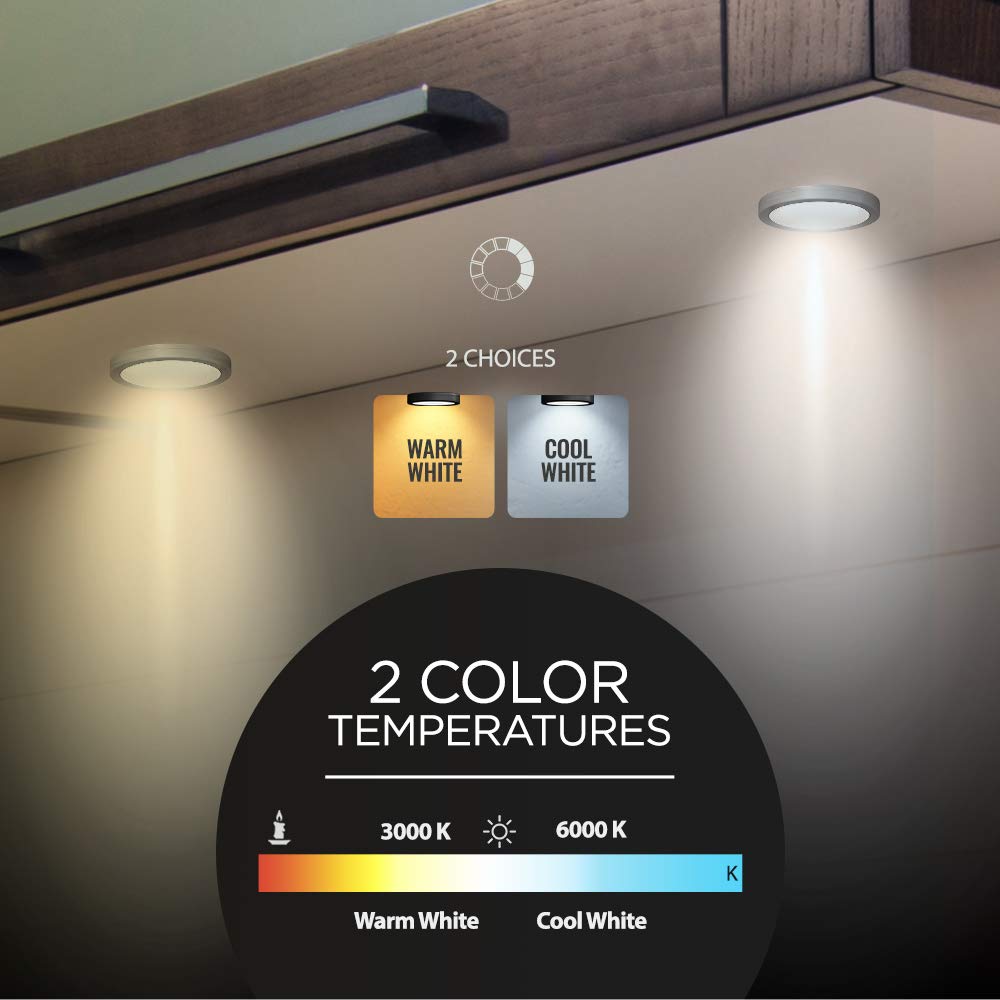 EShine Under Cabinet Puck Lights with Hand Wave Sensor – Circular LED Cabinet Lights – Dimmable – Pack of 3, Cool White (6000K)