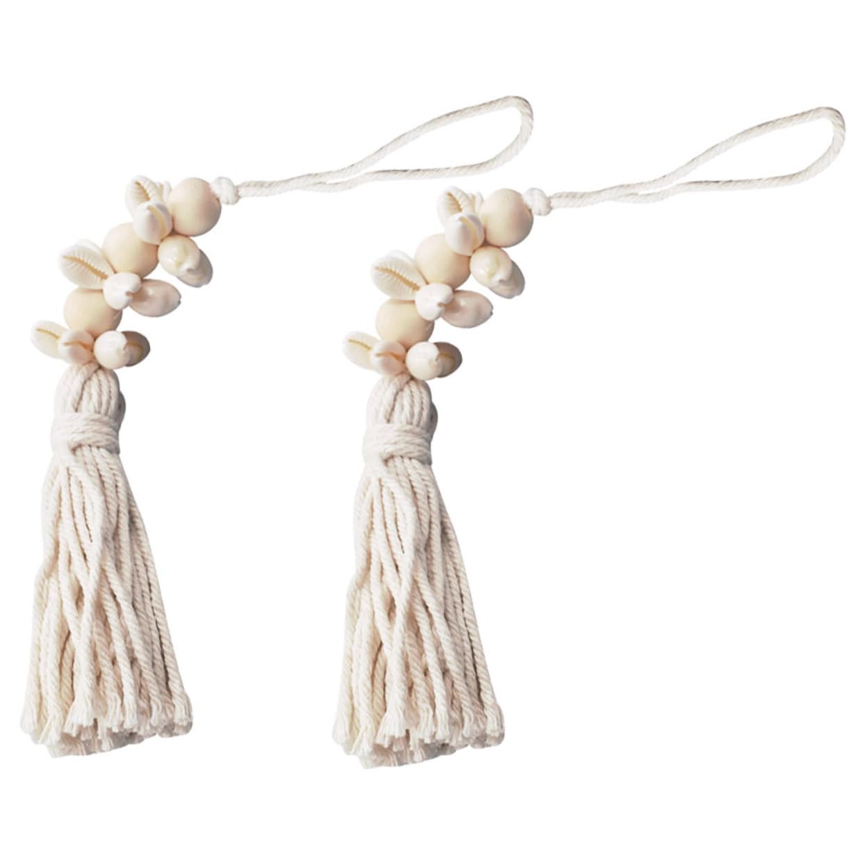 KONTONTY Boho Coastal Decor Wooden Beads String Pendant with Cotton Tassels and Seashells 9.84In Rustic Farmhouse Hanging for Wall Window Decoration