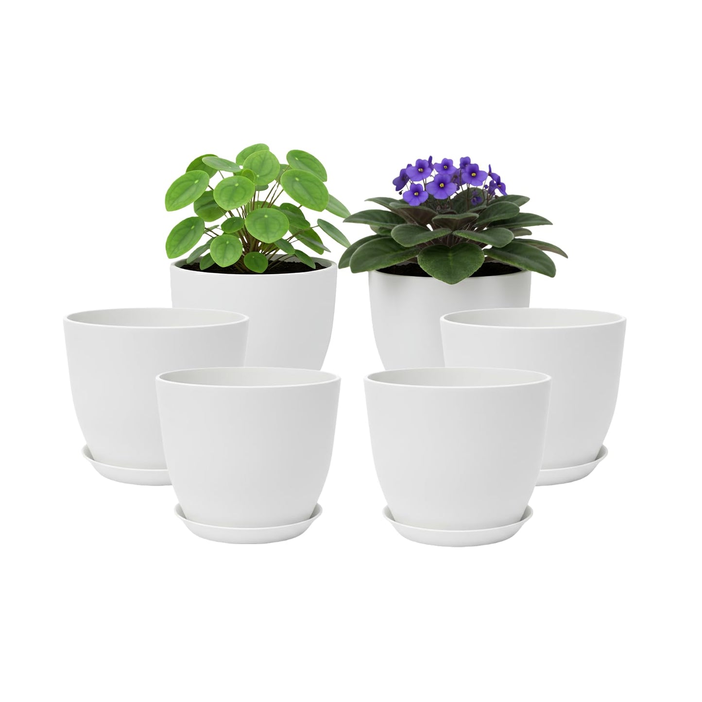 Vanslogreen Plant Pots 8 Inch Set of 6, Flower Pots with Drainage Holes and Saucer, Plastic Garden Planters for Indoor & Outdoor Plants (White)