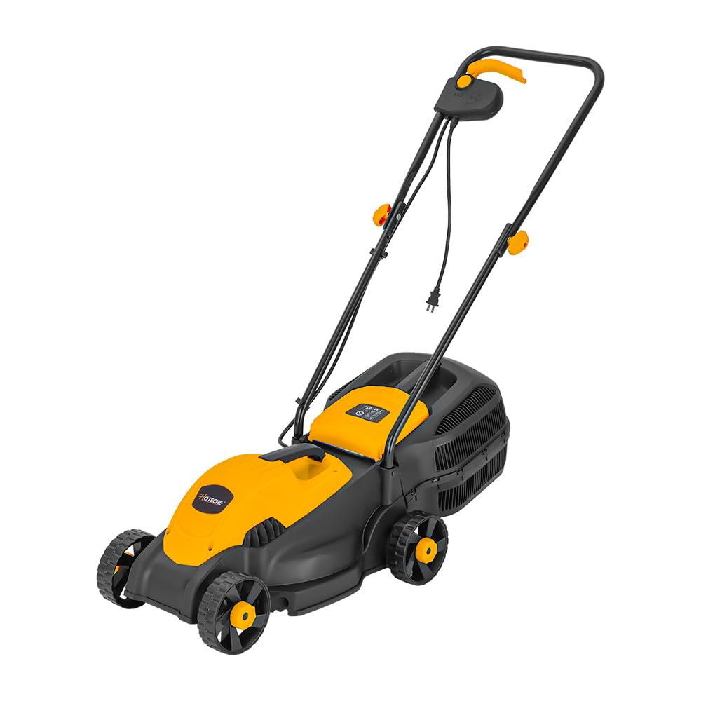 Hoteche 10-Amp Corded Electric Lawn Mower - 12.6 Inch Cutting Width, 30L Grass Bag, 3 Height Adjustments (1"-2.2"), Lightweight Walk-Behind Mower for Small/Medium Lawns (Easy Push Design)
