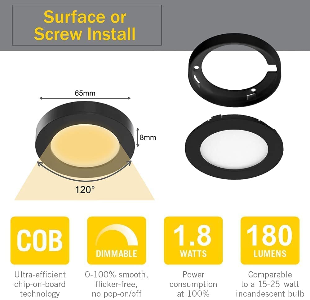 VST Under Cabinet Lighting 12V 2W (12W Total, 60W Equivalent), Wireless Dimmer Switch, Recessed or Surface Mount Wiried Puck Light for Kitchen, Wardrobe (6 Pack Black 3000K)
