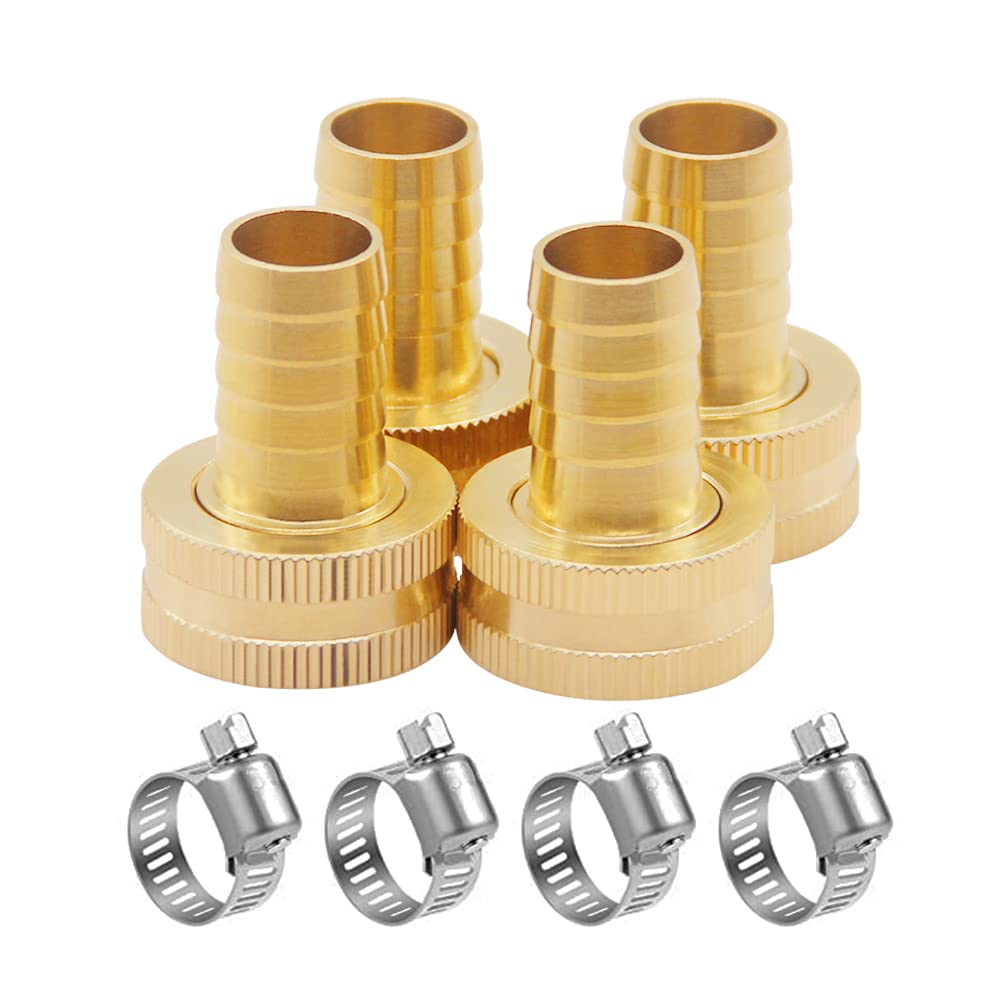 Hooshing 4PCS 3/4" Barb x 3/4" Female GHT Thread Soild Brass Garden Hose Repair Kit Female Hose End Mender Water Hose Connector with Stainless Clamp