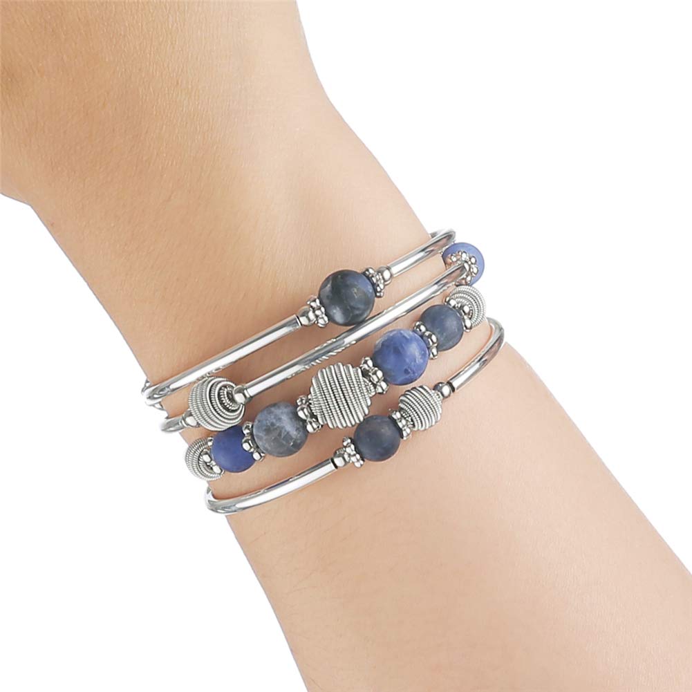 PEARL&CLUB Beaded Chakra Bangle Turquoise Bracelet - Fashion Jewelry Wrap Bracelet with Thick Silver Metal and Mala Beads, Birthday Gifts For Women(Navy Blue)