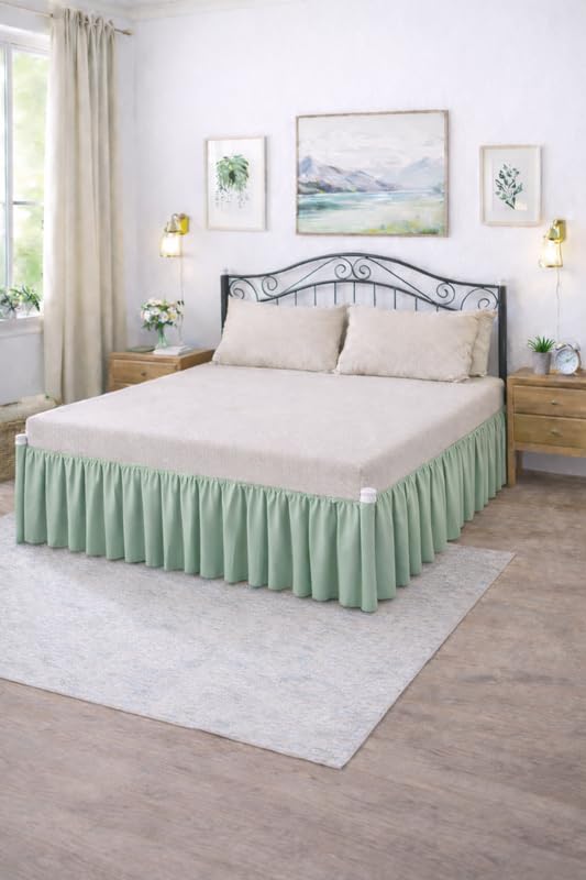 Drona Bedding 100% Cotton Ruffle Bed Skirt Deep Pocket Drop 18 Soft Gathered Farmhouse Style, Classic Tailored Finish, Machine Washable Easy Care - King 76X80-Sage