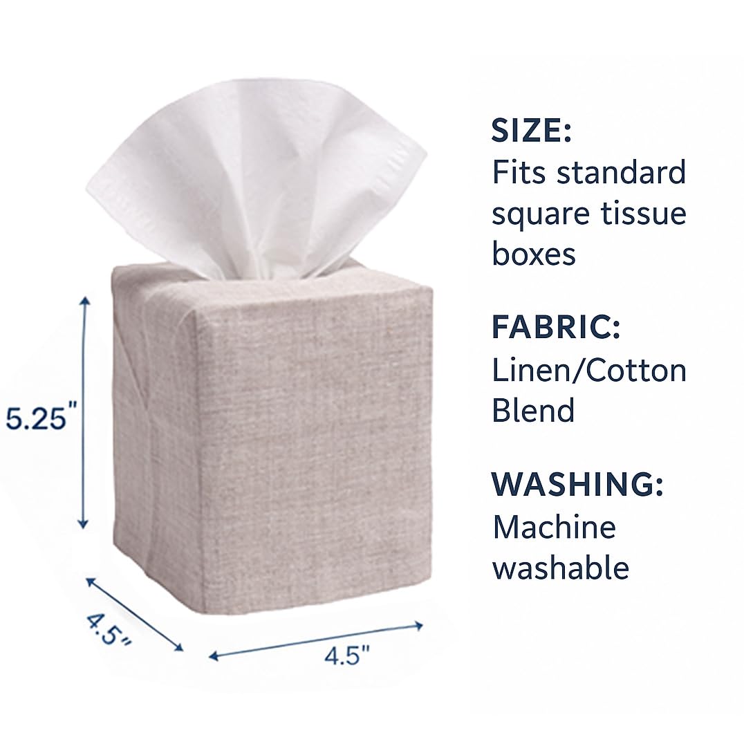 Jacaranda Living Square Tissue Box Cover, Linen/Cotton Fabric Tissue Holder, Decorative Cloth Tissue Cube Cover Tissue Box Cover, Natural Linen, Plain