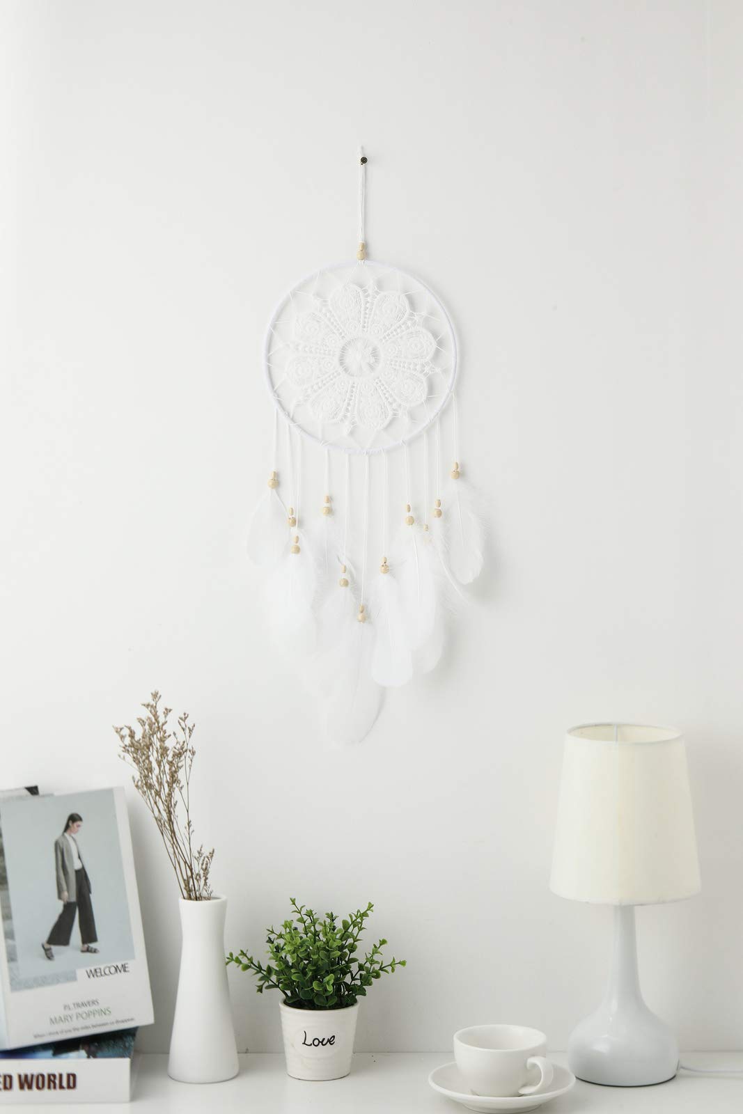 Malicosmile Dream Catchers White for Bedroom, Handmade Hanging Decorations White Feather Lace Dream Catcher Mobile for Girls Room Decor