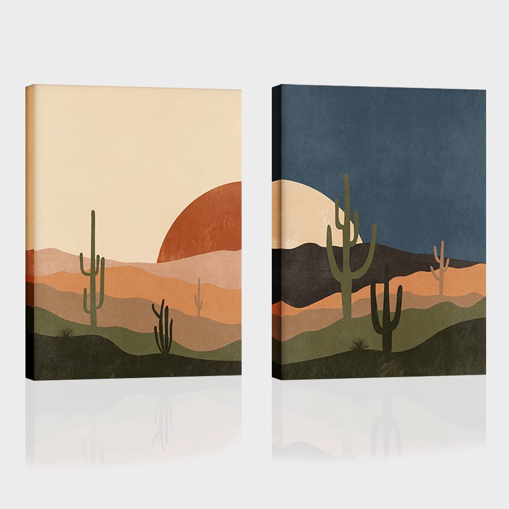 Mid Century Desert Prints Boho Cactus Canvas Prints Sun and Moon Day and Night Canvas Wall Art Modern Abstract Landscape Art for Living Room Decor Bedroom Dining Room Set of 2, 12x16 inch Framed