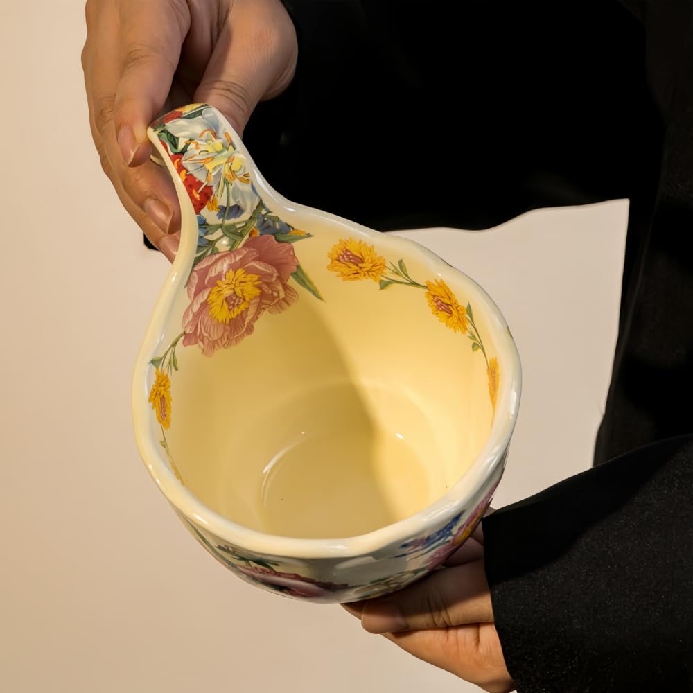 Windefun 16.91oz/500ml Handpainted Soup Bowl with Handle,Ceramic Cereal Bowl Microwave &Dishwasher Safe,Loop Handle Bowl Great for Soup,Yogurt,Snack,Chip,Stew,Ice Cream,Coffee (Peony)