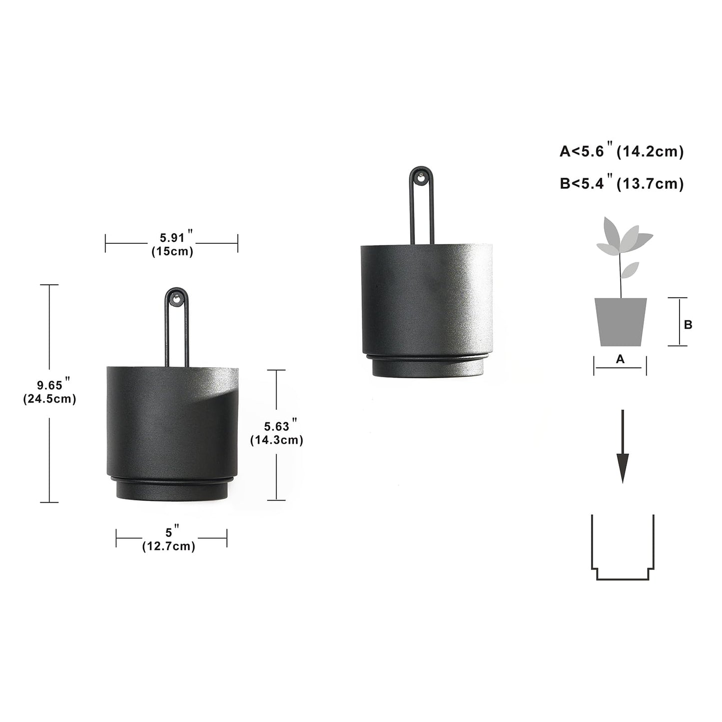 CISEANOL 2 Pcs Wall Mounted Hanging Planter Vase for Indoor and Outdoor Plants Modern Metal Wall and Ceiling Planter Minimalist Flower Pot (Black, 5.91 inch)