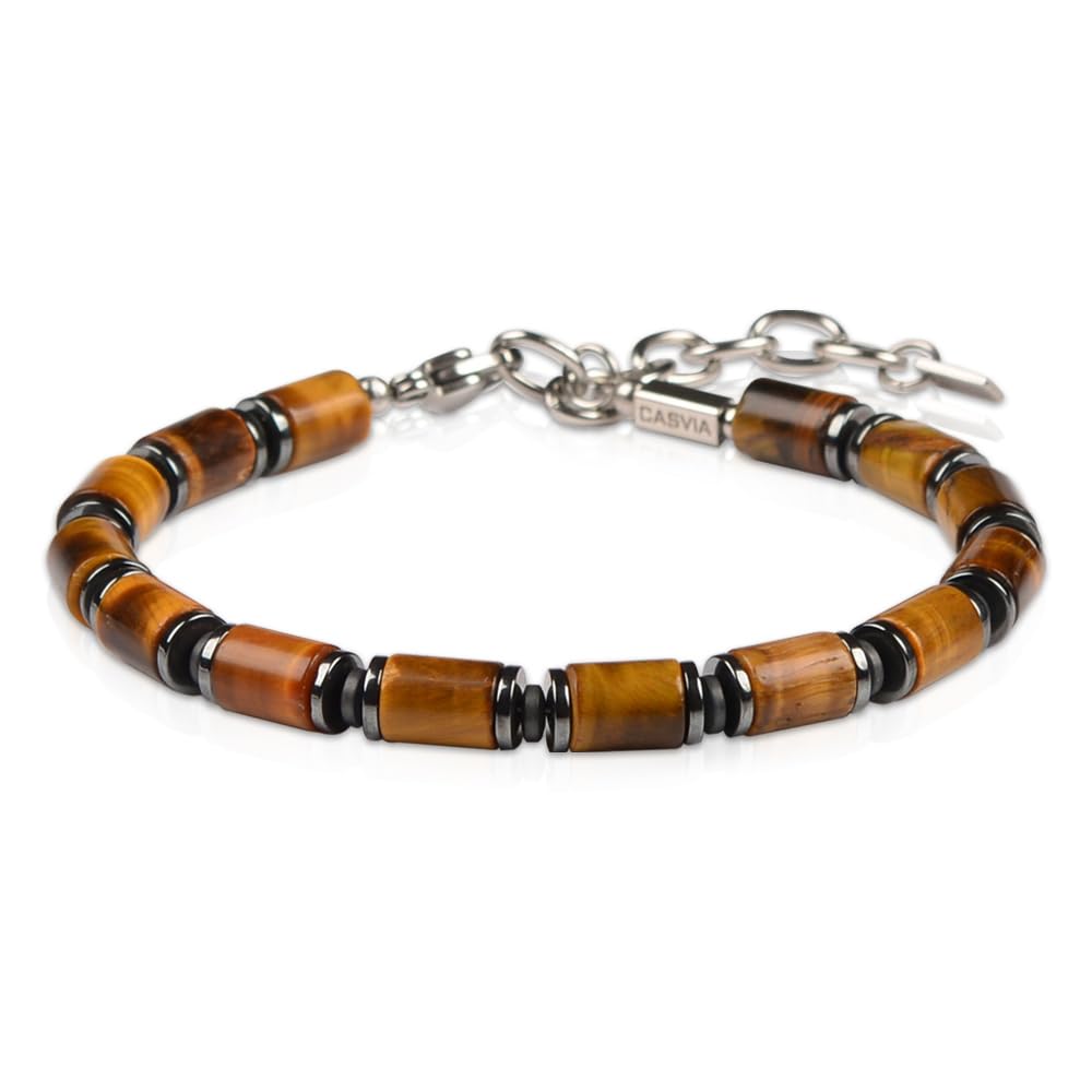 Casvia Men's Tiger's Eye & Hematite Beaded Bracelet, Handmade Adjustable Stainless Steel Chain, Chakra Jewelry Gift for Dad, Husband, Boyfriend