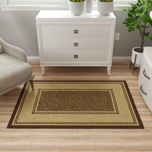 Ottomanson Area Rug 3'3" x 5' – Non Slip Rubber Backed Indoor Rug, Low Pile Accent Rug for Living Room, Bedroom, Entryway, Kitchen, Durable Floor Carpet, Border Dark Brown
