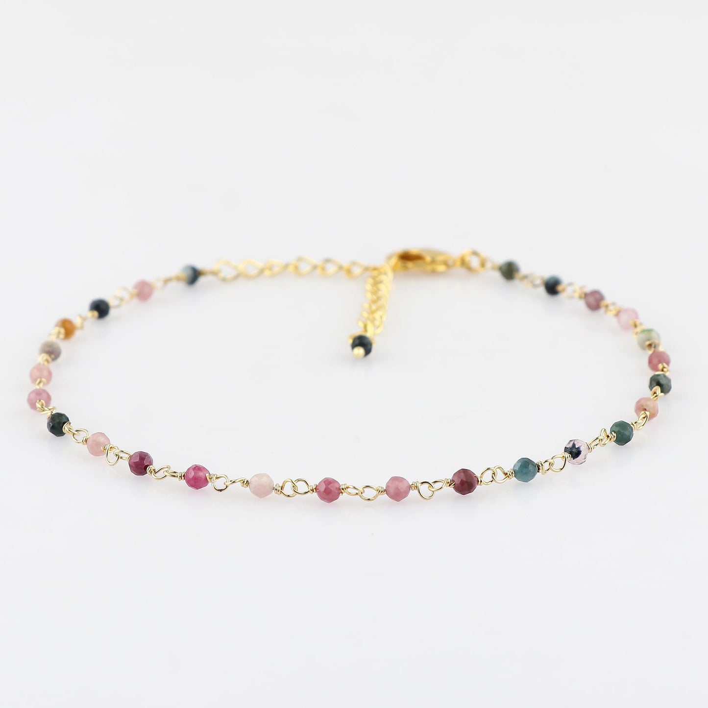 JOR Natural Multi Tourmaline Beaded Rosary Anklet, Handmade Craft, Anklet Beads Bracelet, Chakra Healing Anklet, Gemstone Women Jewelry, Dainty Gold Plated Anklet 9 inch + 1.5 inch (1pcs)