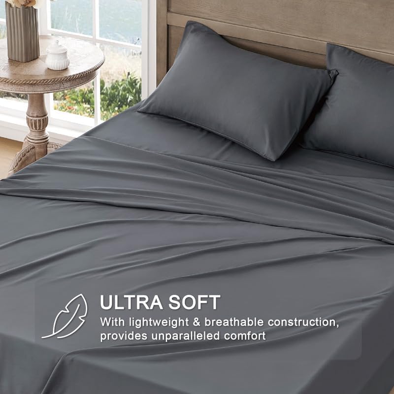 FreshCulture Queen Sheet Set - Ultra Soft Sheets for Queen Size Bed - Brushed Microfiber - Deep Pockets - Easy Care - Cooling & Breathable - 4 Pieces Hotel Luxury Queen Bed Sheets (Dark Grey)