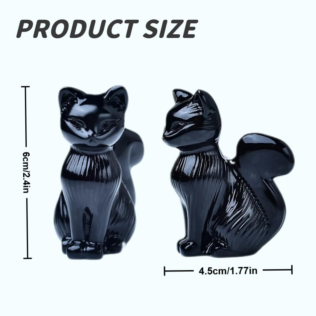 WUYOUSHI Natural Obsidian Crystal Cat Statue 2.4 Inch - Handmade Healing Sculpture, Lucky Guardian Pocket Statue for Reiki Meditation, Office & Home Decoration Gift