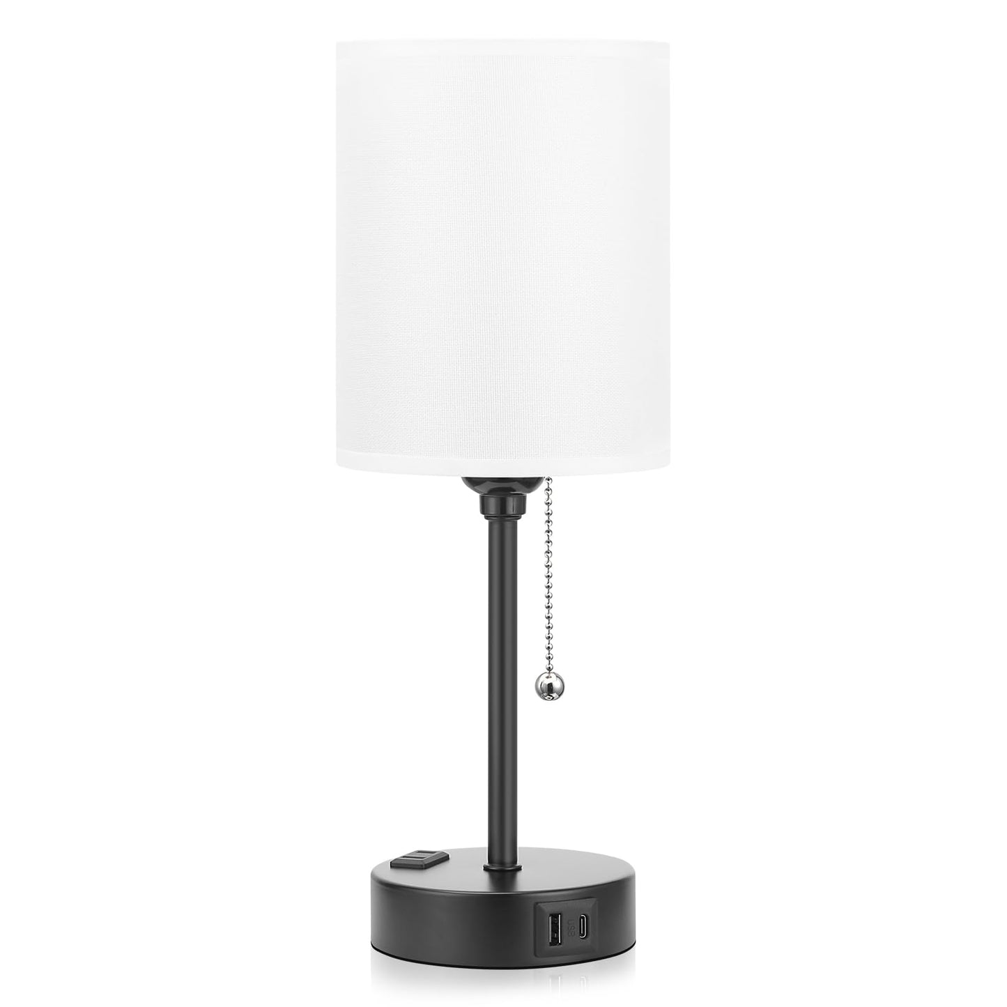 Small Bedside Table lamp for Bedroom - 3 Color Temperatures Bedside Lamps with USB C and A Ports, Pull Chain Table Lamps with AC Outlet, White Nightstand Lamps with Black Metal Base for Kids Reading