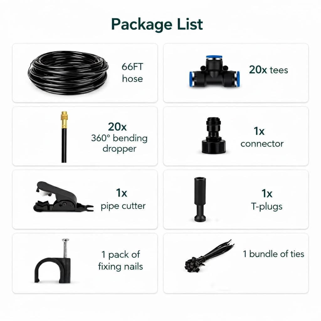 360° Adjustable Drip Irrigation System - Compatible 1/4" Irrigation System, 50FT Garden Watering Atomizing System with 15 Nozzles, Greenhouse Accessories for Yard, Lawn, Plants, Garden (66Ft)