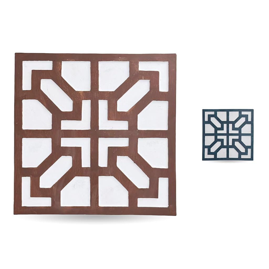 2 Pack Square Stepping Stones, 10” Cement Garden Path Stones in Moroccan Tile Design, Modern Geometric Outdoor Patio Decor, Weather-Resistant (Sahara Clay)