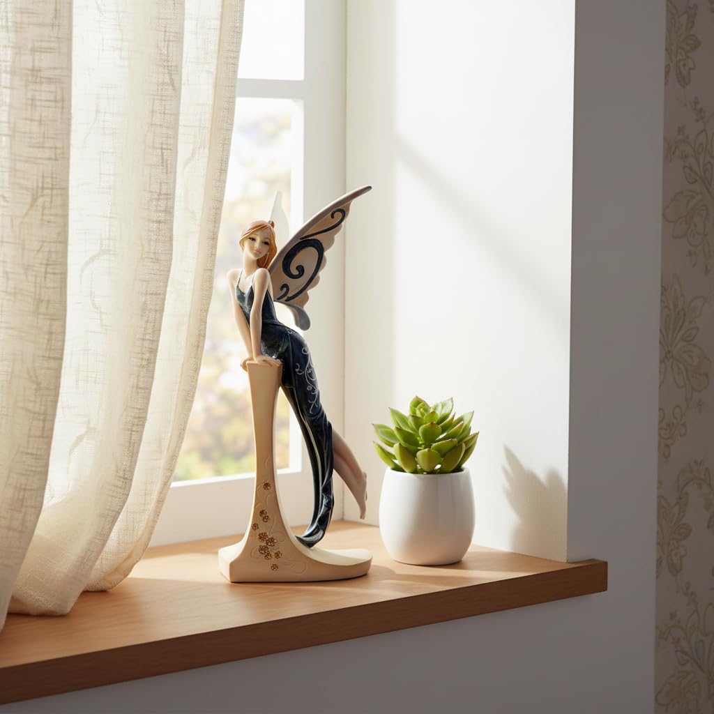 Comfy Hour 7" Standing Fairy Figurine, Elegant Woman Statue in Dark Blue Gown, Sophisticated Fairyland Desktop Decor Accent, Stone Resin Artisan Crafted Sculpture, 1 Unit