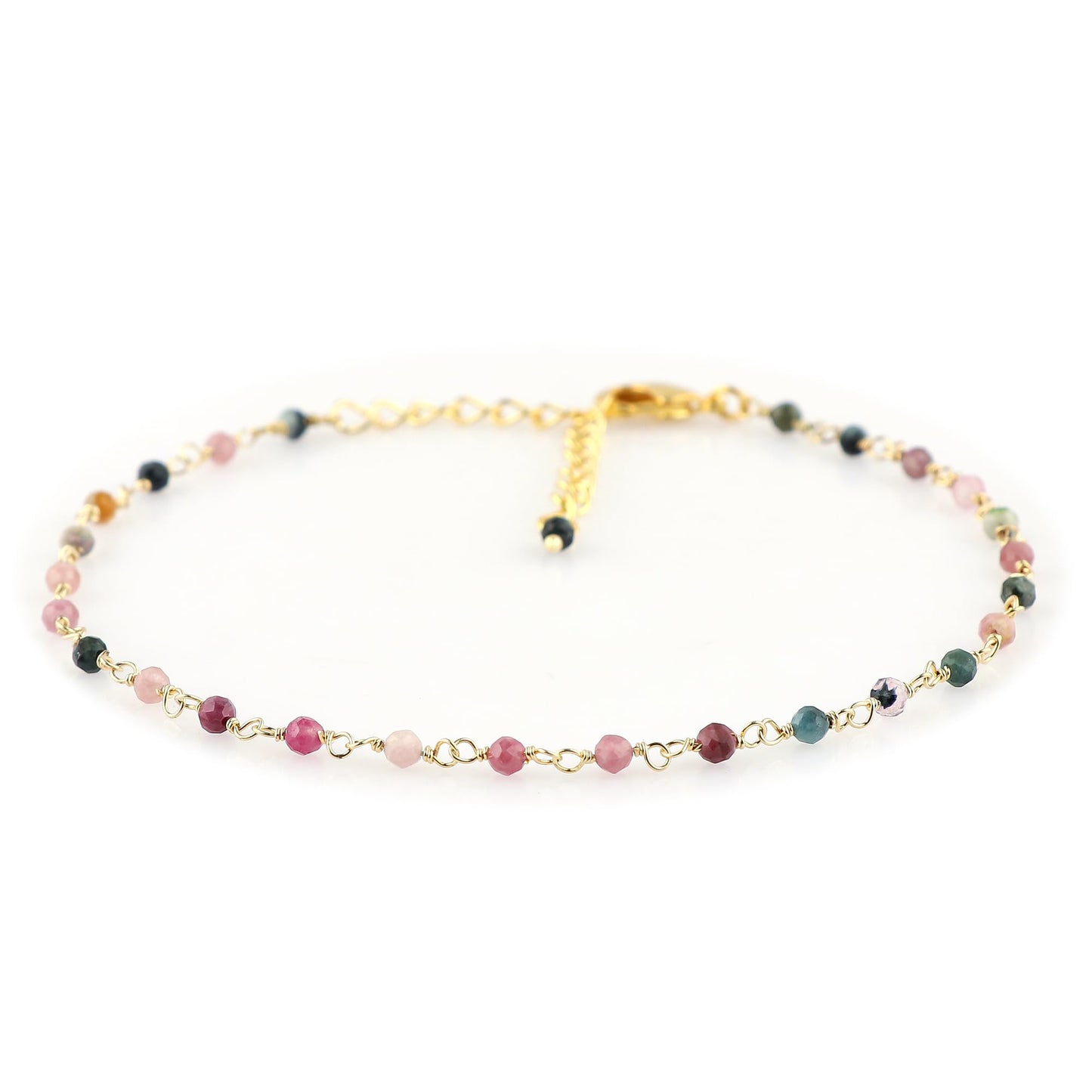 JOR Natural Multi Tourmaline Beaded Rosary Anklet, Handmade Craft, Anklet Beads Bracelet, Chakra Healing Anklet, Gemstone Women Jewelry, Dainty Gold Plated Anklet 9 inch + 1.5 inch (1pcs)