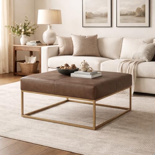Homepop Decorative Large Square Gold Metal Ottoman | Ottoman Stool for Living Room & Bedroom | Decorative Home Furniture (Brown Faux Leather)
