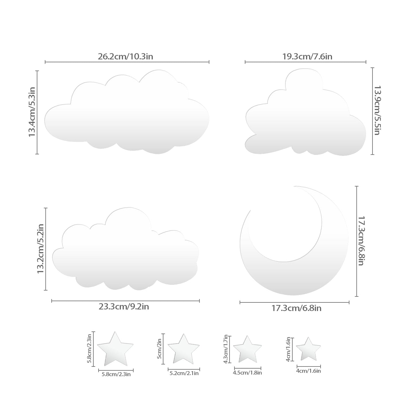3D Moon Cloud Mirror Wall Decor Acrylic Mirror Stickers Self Adhesive Decorative Moon Star Cloud Wall Decals for Baby Kids Children's Living Room Bedroom Nursery Wall Decor
