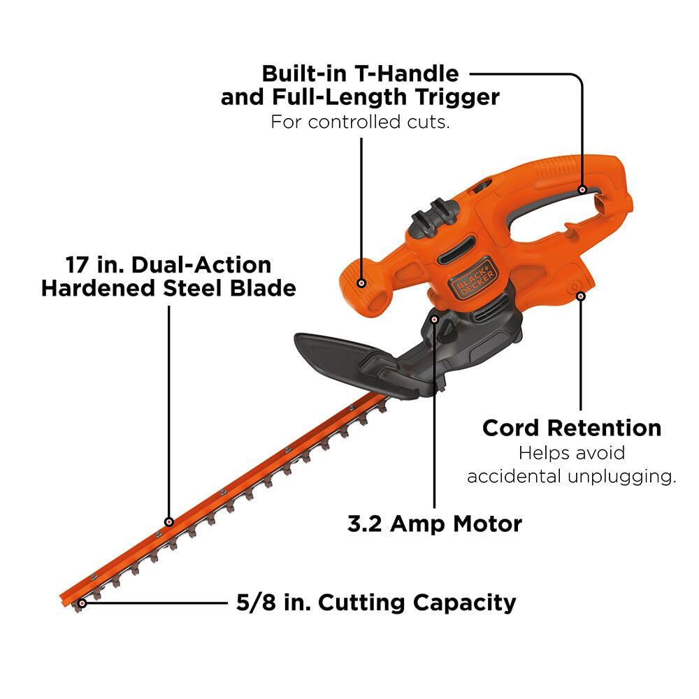 BLACK+DECKER Electric Hedge Trimmer, 17-Inch Corded 3.2 Amp, Dual Action, Reduced Vibration, Cleaner Cut, Lightweight, 3800 Cuts per Min (BEHT150)