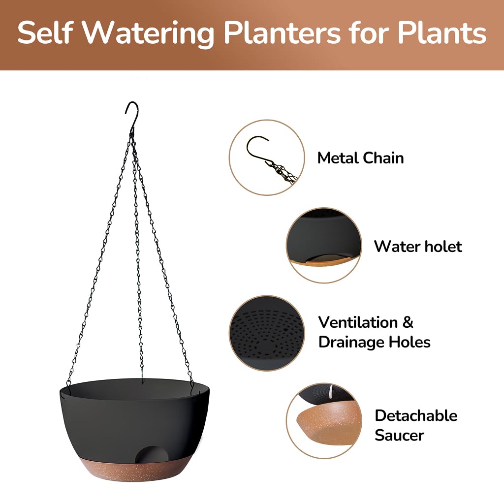 LESOASIS Hanging Planter for Indoor Plants, 10 Inch Self-Watering Hanging Planters with Drainage Holes and Chain, Set of 2 Outdoor Hanging Pots for Garden Home