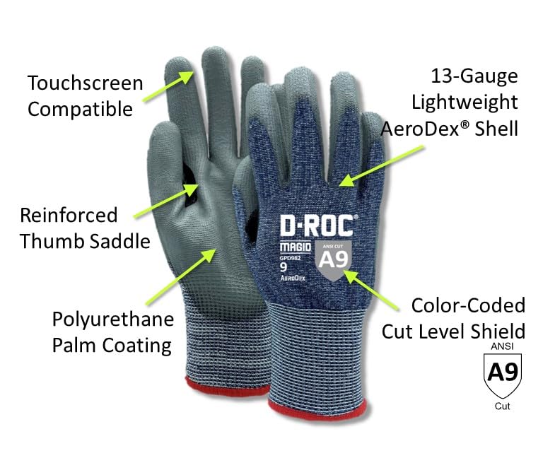 MAGID D-ROC AeroDex ANSI A9 13-Gauge PU Coated Work Gloves, 1 Pair, Size 7/Small, GPD982