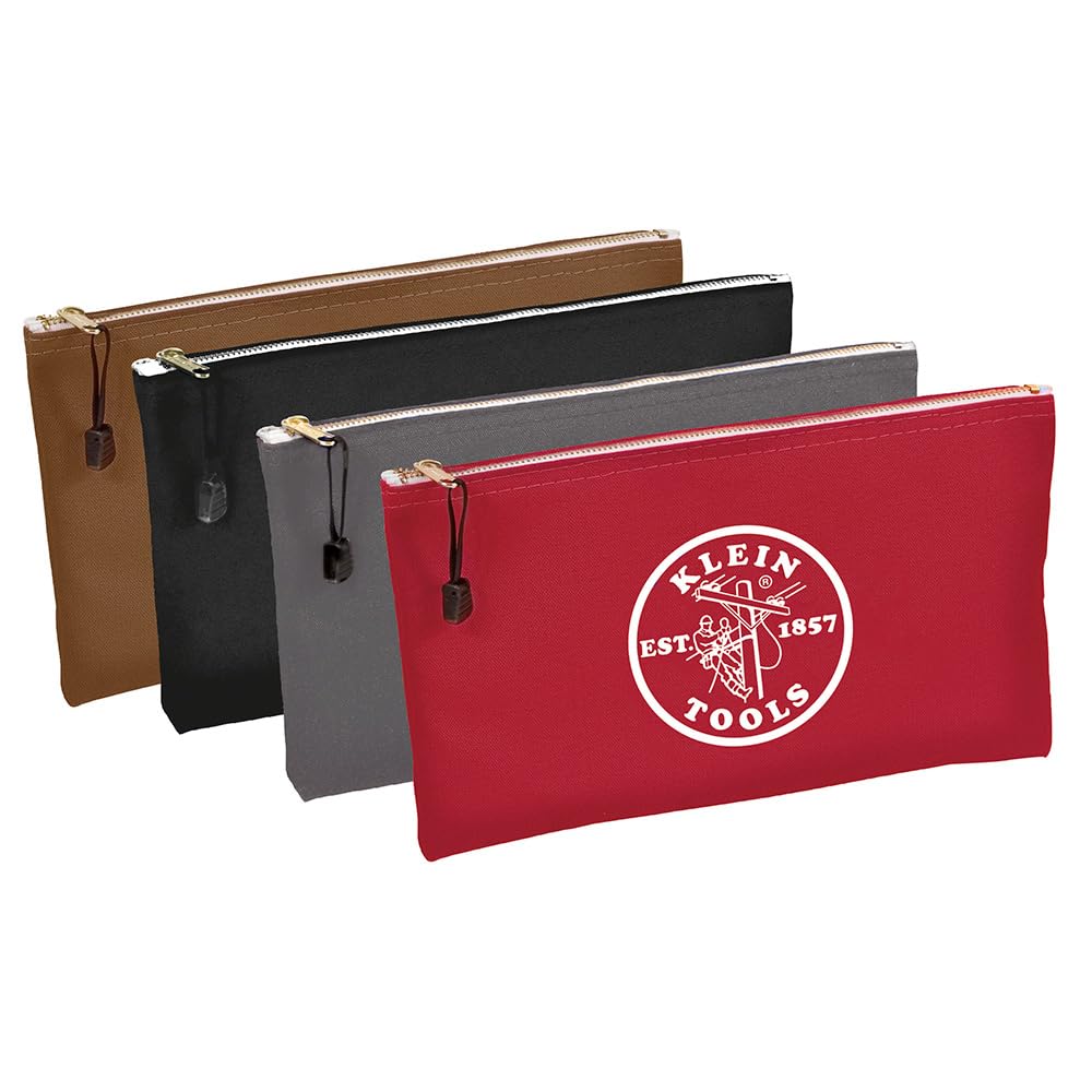Klein Tools 5141 Zipper Tool Bag, Tool Pouch, Bank Deposit Canvas Utility Bag, 12.5 x 7-Inch, Brown/Black/Gray/Red 4-Pack