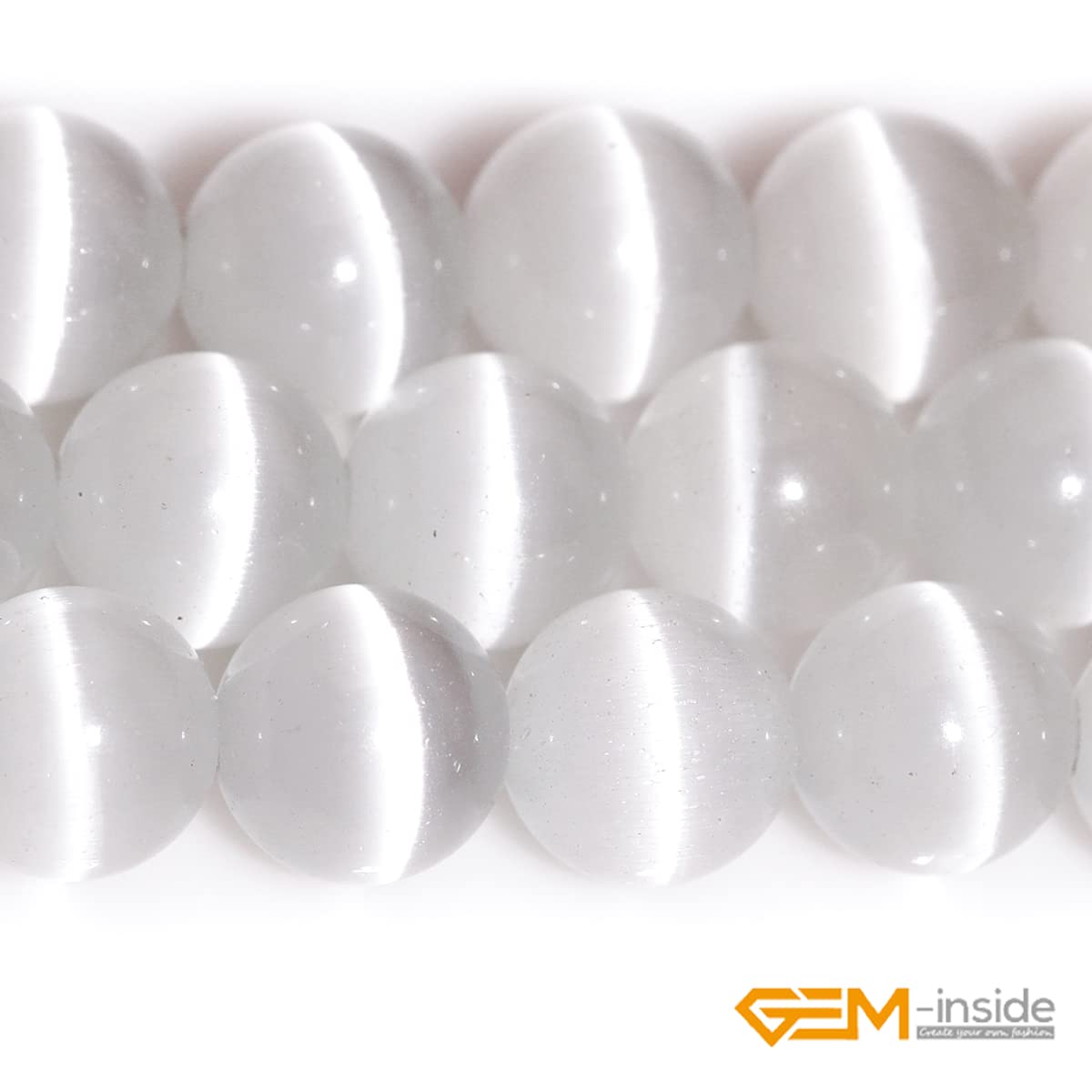 GEM-Inside Cat Eye Gemstone Loose Beads 8mm Round White Crystal Energy Stone Power Beads for Jewelry Making 15"