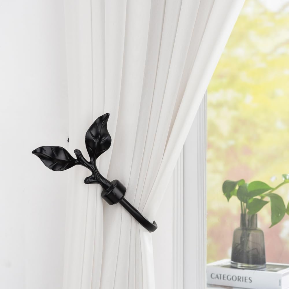 SUQ I OME 1 Pair of Leaf Shaped Curtain Holdbacks Metal Curtain Side Holders for Wall, Antique Brass Curtain Tieback Hook Pull Backs for Drapes Window Home Decoration,Black