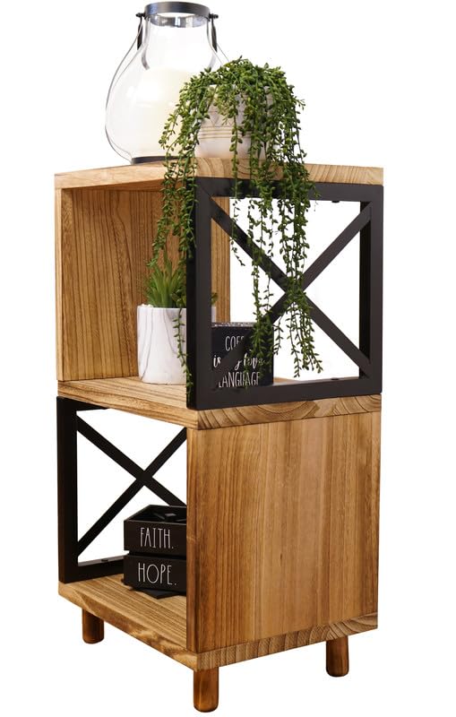 Premium Home 30” Tall Wood Side Table, Narrow End Table with Open Shelf, Natural Accent Table for Living Room. Bedroom or Record Player