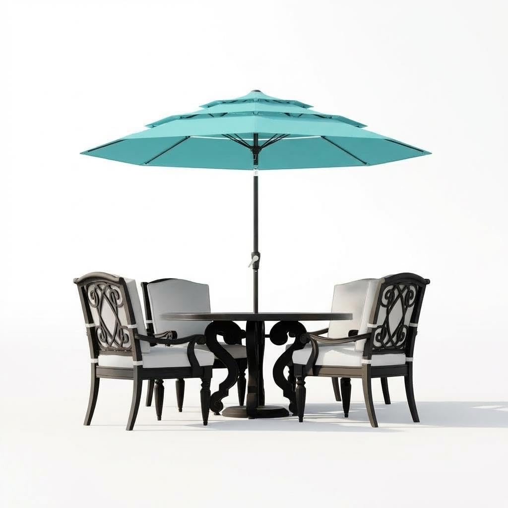 Garvee 9Ft Outdoor Patio Umbrella, 3-Tiers Market Umbrella with 8 Sturdy Ribs & Hand Crank, Outdoor Table Umbrella for Poolside, Beach, Garden(Blue)