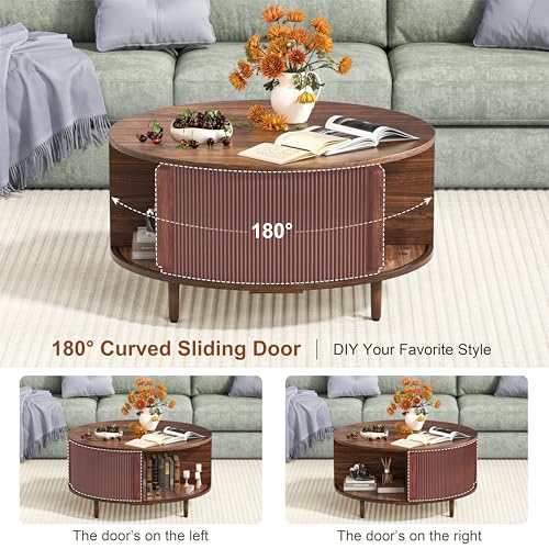 Round Coffee Table, 31.5" Fluted Center Table with Storage, Lift-Top Coffee Table with Adjustable Footpads, Sliding Door, Mid-Century Modern Center Table for Living Room, Small Space (Warm Walnut)