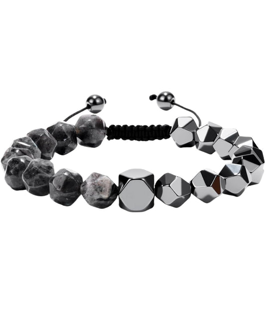 Beaded Bracelet for Men, 10mm Natural Stones Bracelet for Men's Gift, Adjustable Precision-Cut Gemstone Crystal Healing Bracelet, Protection Jewelry Gift with Hematite, Tiger Eye (Black Labradorite & Hematite)
