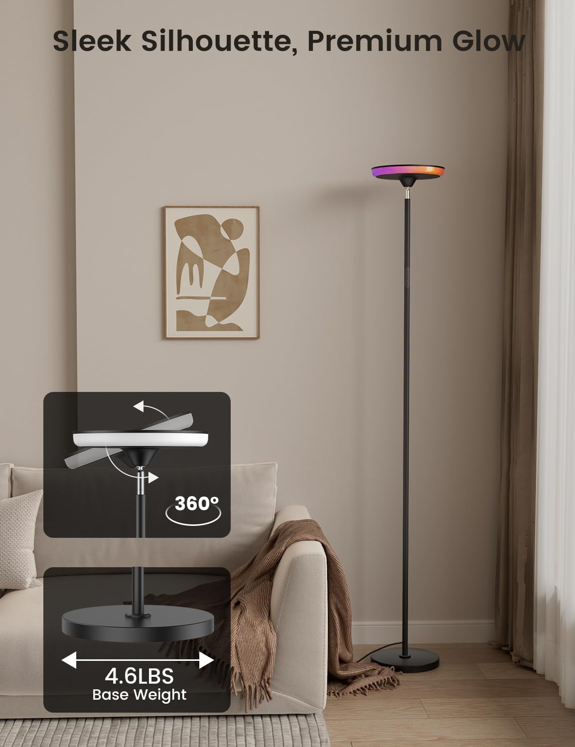 UFO LED Torchiere Floor Lamp with RGB Ambient Light, 42W 3700LM Bright Dimmable Sky Lamp,71in Modern Tall Standing Lamp with Remote Touch Control&Timer,for Living Room Bedroom Office Gaming Room,Black