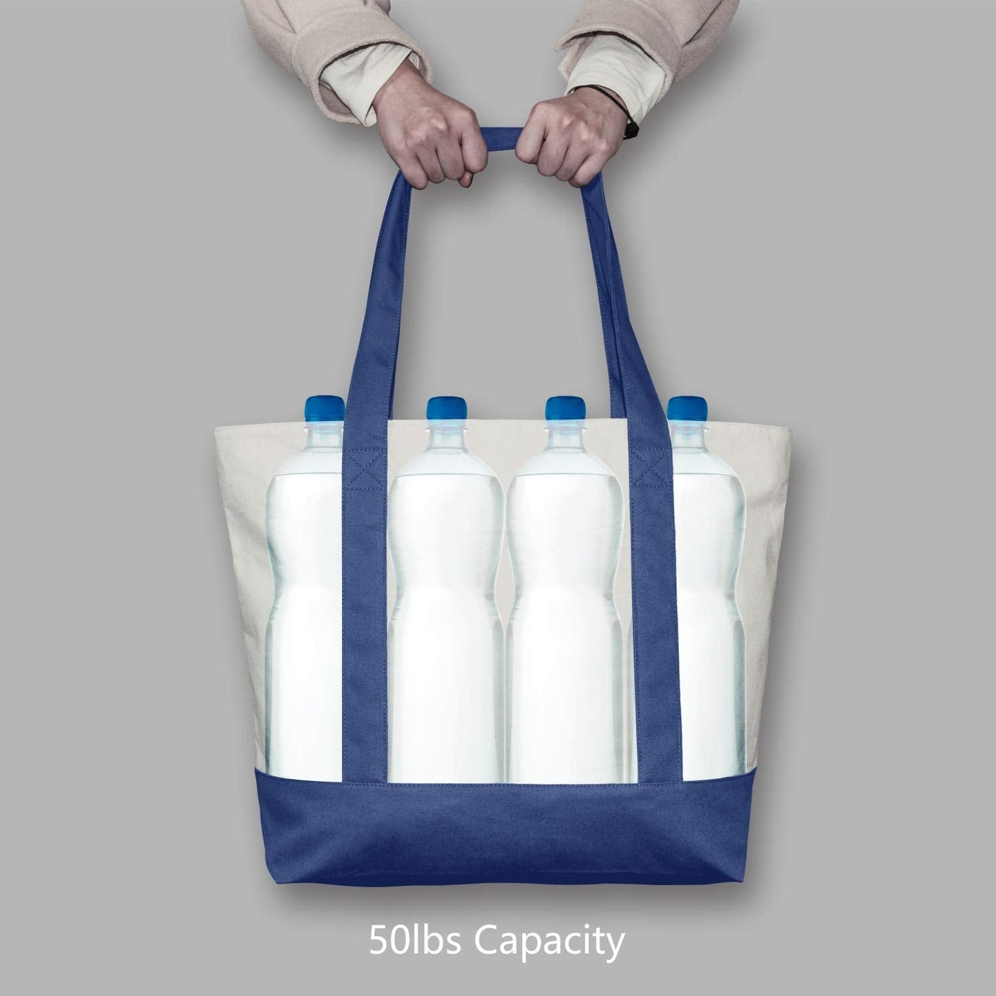 TOPDesign 1-Pack Canvas Tote Bag with an External Pocket, Reusable Grocery Shopping Bag, Top Zipper Closure, Daily Essentials (Blue/Natural)