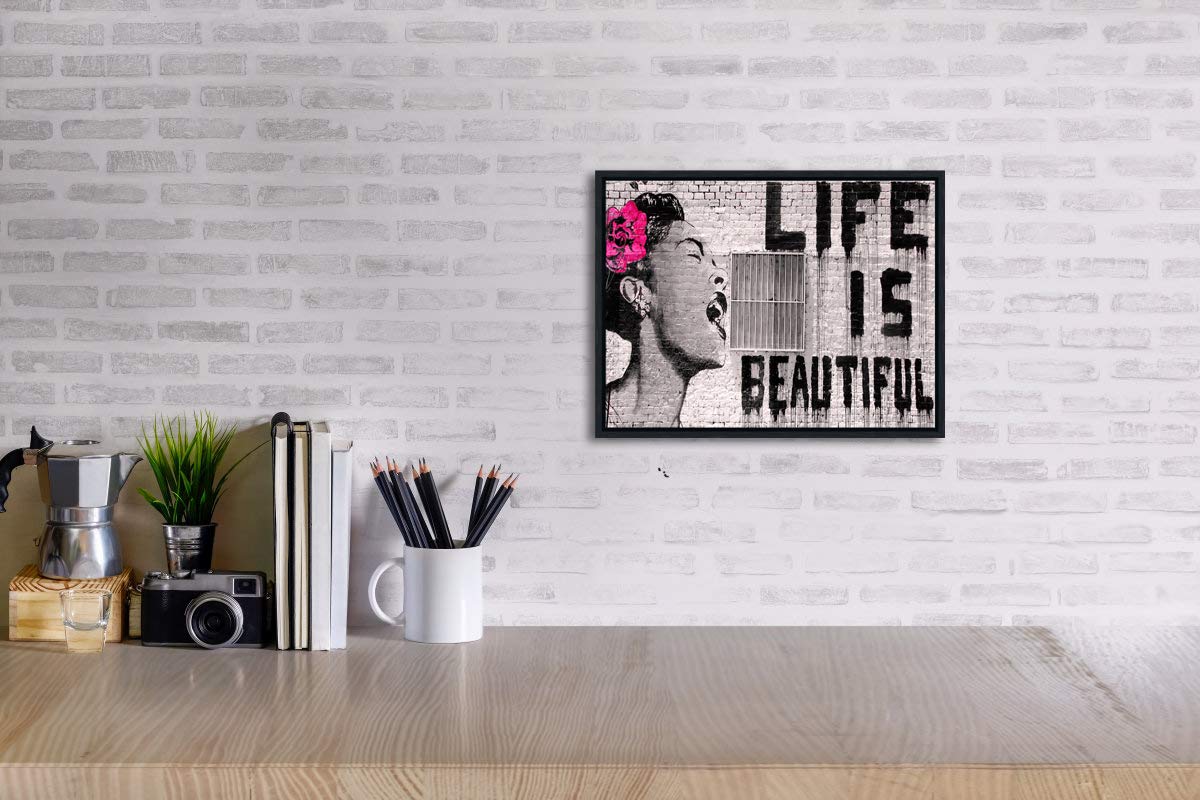 Wieco Art Framed Wall Art Canvas Prints of Banksy Life is Beautiful Abstract Artwork for Wall Decor Room Decorations Black Frame